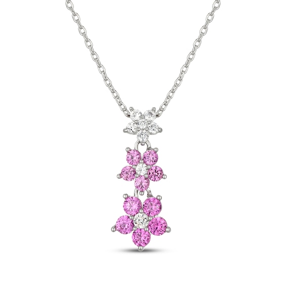 Pink & White Lab-Created Sapphire Flower Drop Necklace Sterling Silver 18"