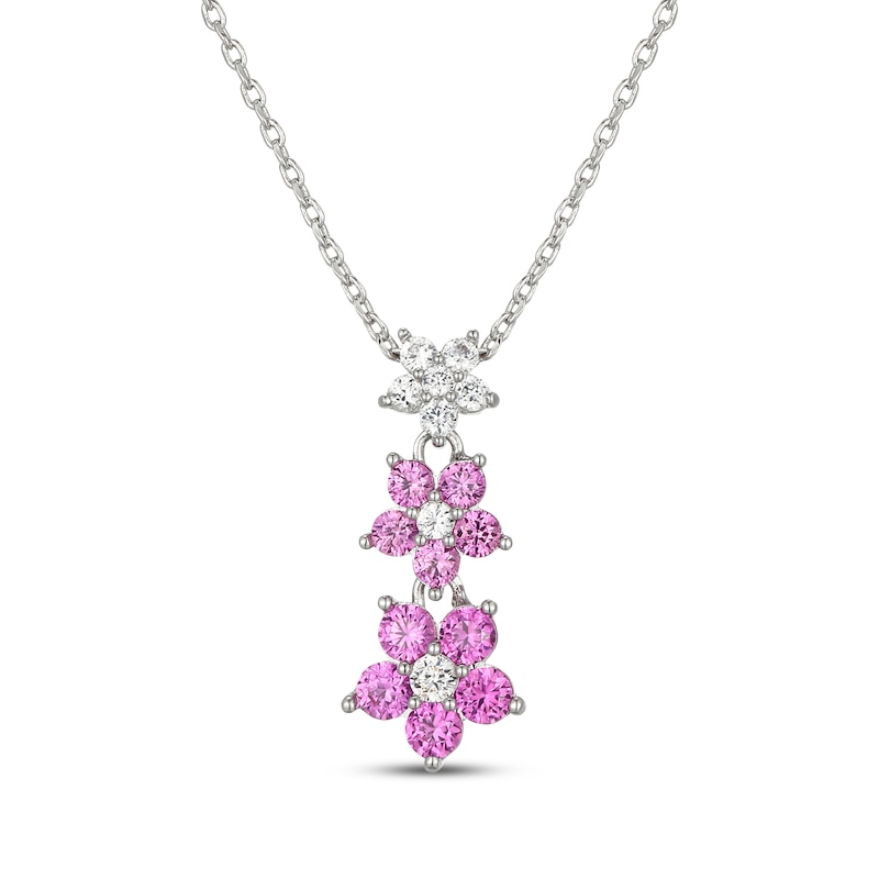 Main Image 1 of Pink & White Lab-Created Sapphire Flower Drop Necklace Sterling Silver 18"