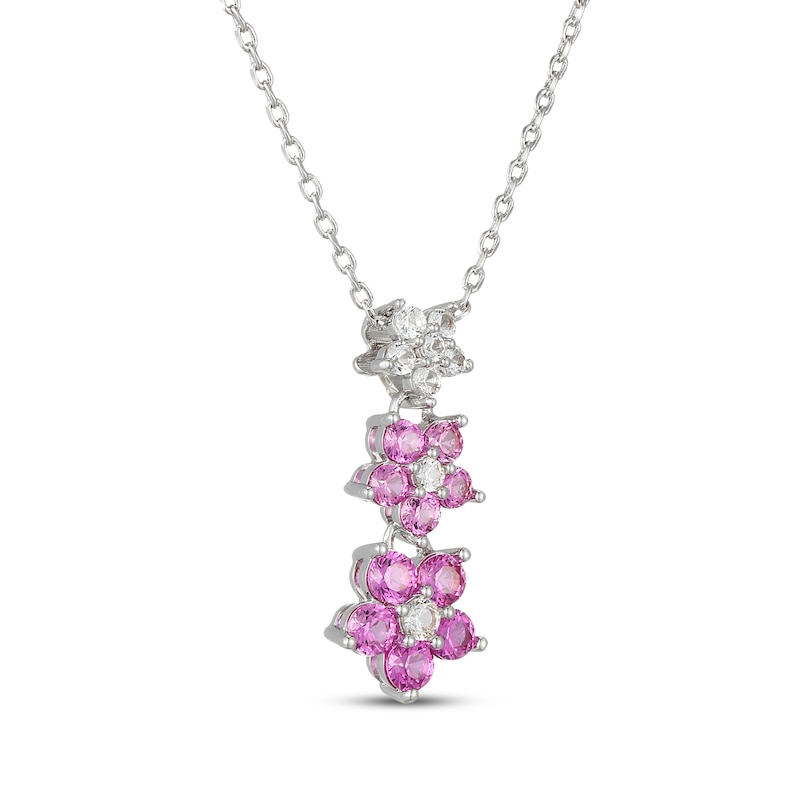 Main Image 2 of Pink & White Lab-Created Sapphire Flower Drop Necklace Sterling Silver 18"