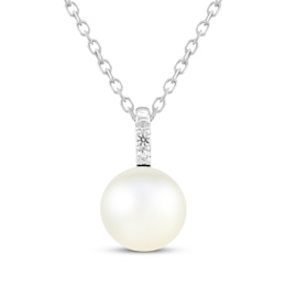 Cultured Pearl & White Lab-Created Sapphire Necklace Sterling Silver 18"