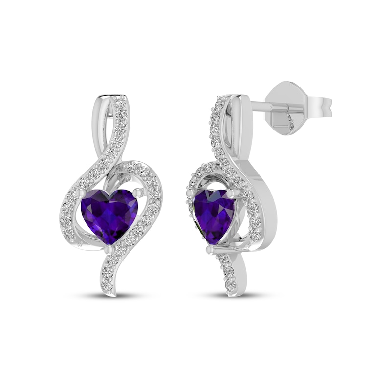 Main Image 1 of Heart-Shaped Amethyst & White Lab-Created Sapphire Drop Earrings Sterling Silver