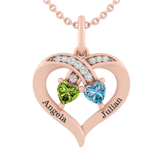 Birthstone Couple's Heart Criss-Cross Necklace (2 Stones and Lines)
