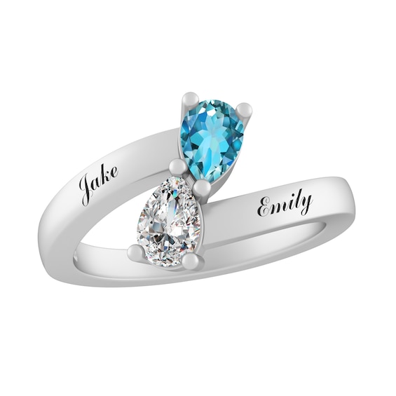 Bypass Pear Birthstone Couple's Ring (2 Stones and Lines)