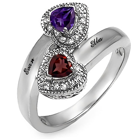 Diamond and Birthstone Couple's Ring (2 Stones and Lines)