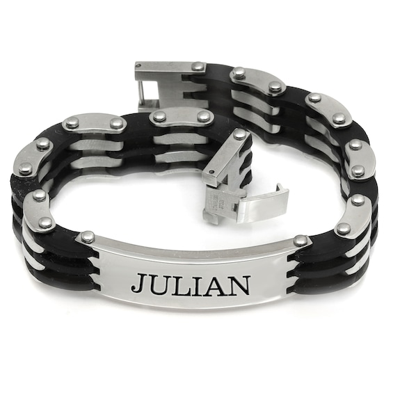 Men's Engravable Rubber and Titanium Link ID Bracelet (3 Lines)