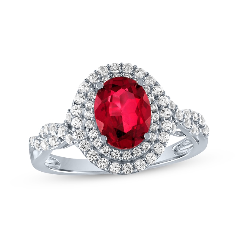 Main Image 1 of Oval-Cut Lab-Created Ruby & White Lab-Created Sapphire Twist Shank Ring Sterling Silver