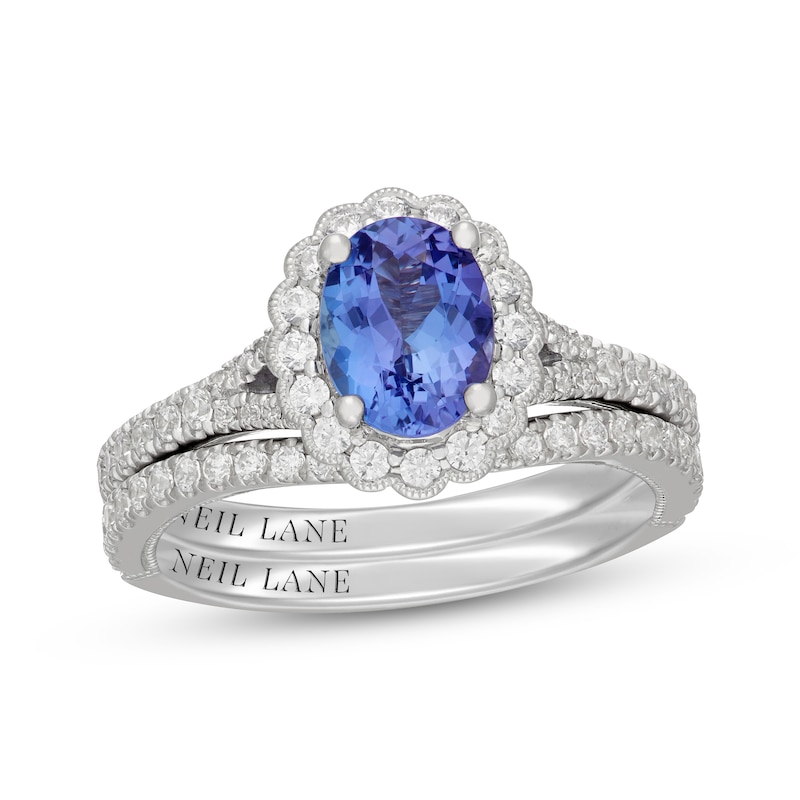 Main Image 1 of Neil Lane Oval-Cut Tanzanite & Diamond Scalloped Halo Bridal Set 5/8 ct tw Diamonds 14K White Gold