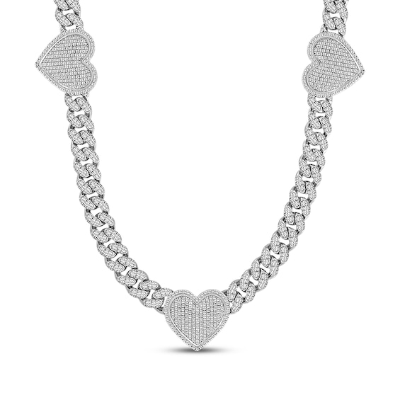 Men's Multi-Diamond Heart Station Necklace 3 ct tw 10K White Gold 20"