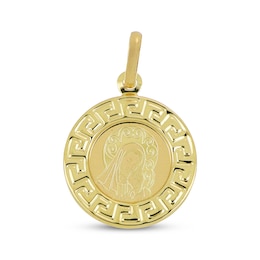 Virgin Mary Greek Key Border Medallion Charm 14K Yellow Gold