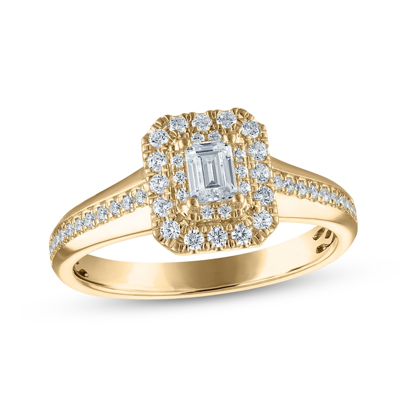 Main Image 1 of Now + Forever Emerald-Cut Diamond Double Halo Engagement Ring 5/8 ct tw 14K Yellow Gold