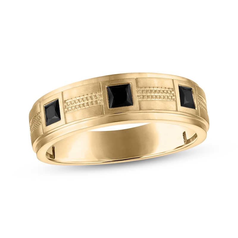 Main Image 1 of Now + Forever Men's Square-Cut Black Diamond Three-Stone Wedding Band 3/4 ct tw 10K Yellow Gold