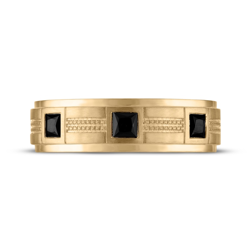Main Image 3 of Now + Forever Men's Square-Cut Black Diamond Three-Stone Wedding Band 3/4 ct tw 10K Yellow Gold