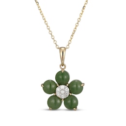 Nephrite Jade & Multi-Diamond Flower Necklace 1/10 ct tw 14K Yellow Gold 18"