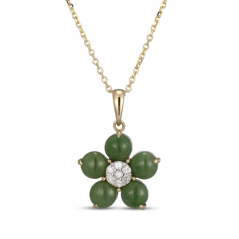 Main Image 1 of Nephrite Jade & Multi-Diamond Flower Necklace 1/10 ct tw 14K Yellow Gold 18&quot;