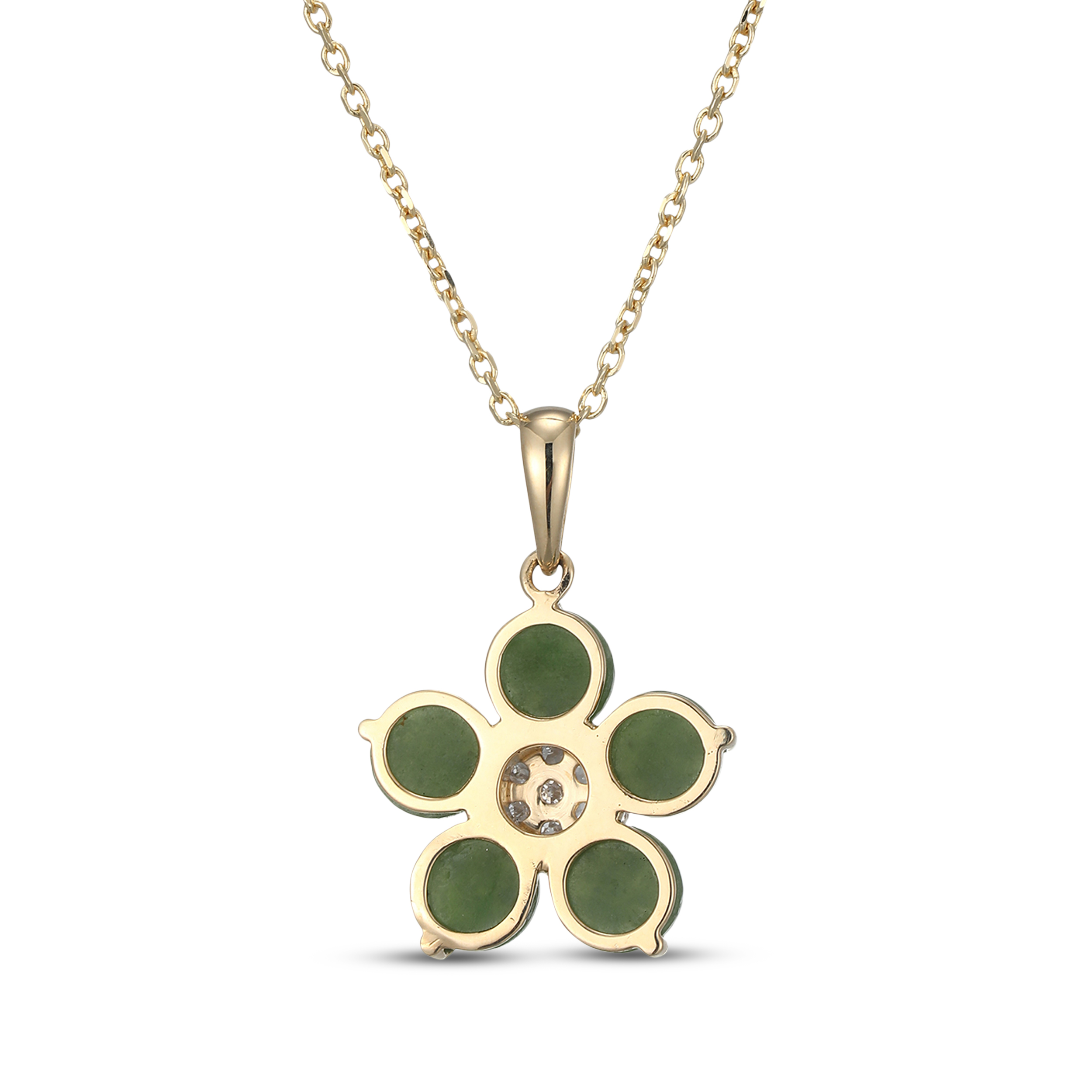 Main Image 3 of Nephrite Jade & Multi-Diamond Flower Necklace 1/10 ct tw 14K Yellow Gold 18&quot;