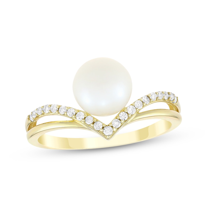 Main Image 1 of Cultured Pearl & Diamond Chevron Ring 1/8 ct tw 10K Yellow Gold
