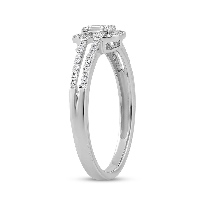 Main Image 2 of Baguette & Round-Cut Multi-Diamond Halo Promise Ring 1/5 ct tw Sterling Silver