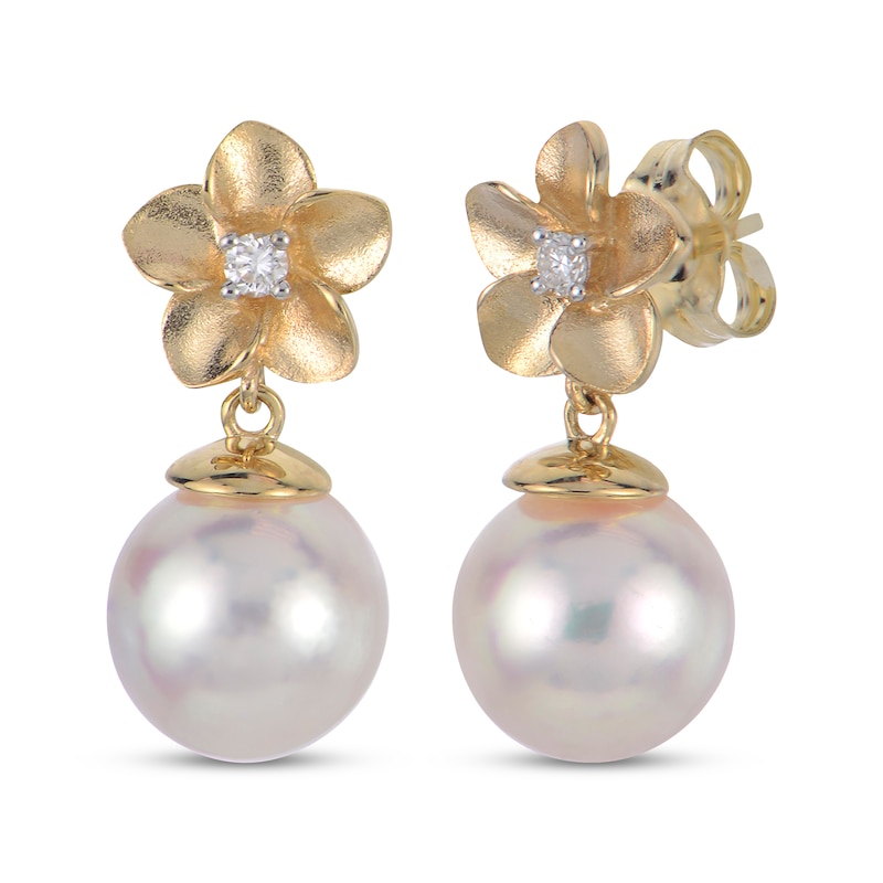 Main Image 1 of Cultured Pearl & Diamond Accent Flower Drop Earrings 14K Yellow Gold 18"