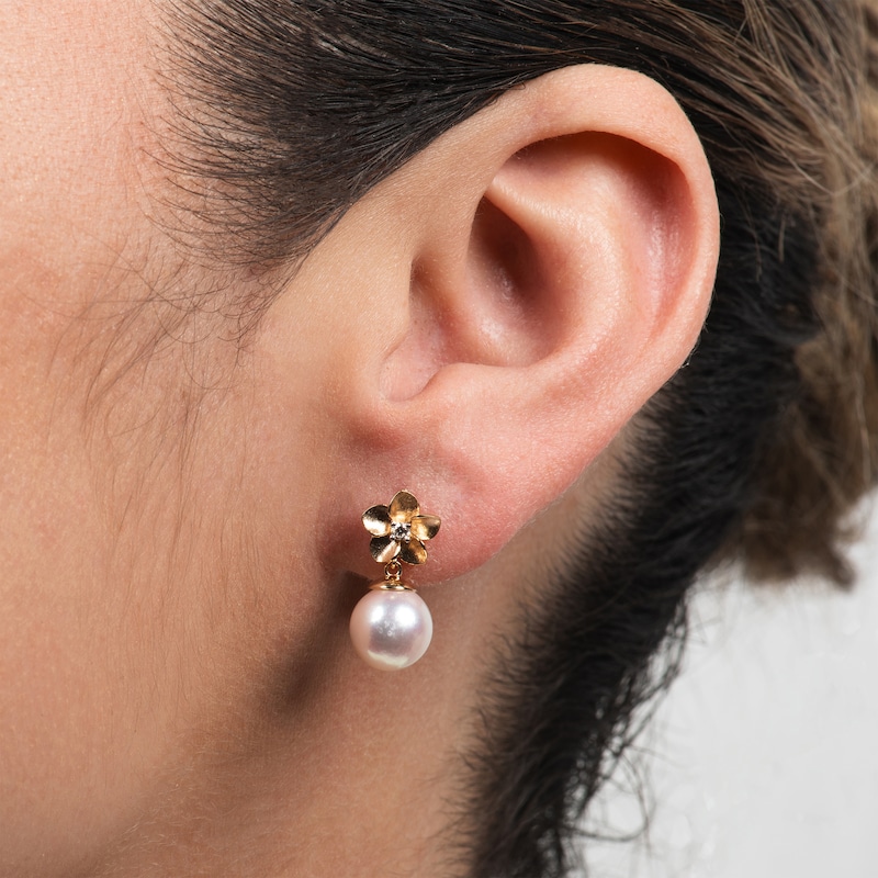 Main Image 3 of Cultured Pearl & Diamond Accent Flower Drop Earrings 14K Yellow Gold 18"