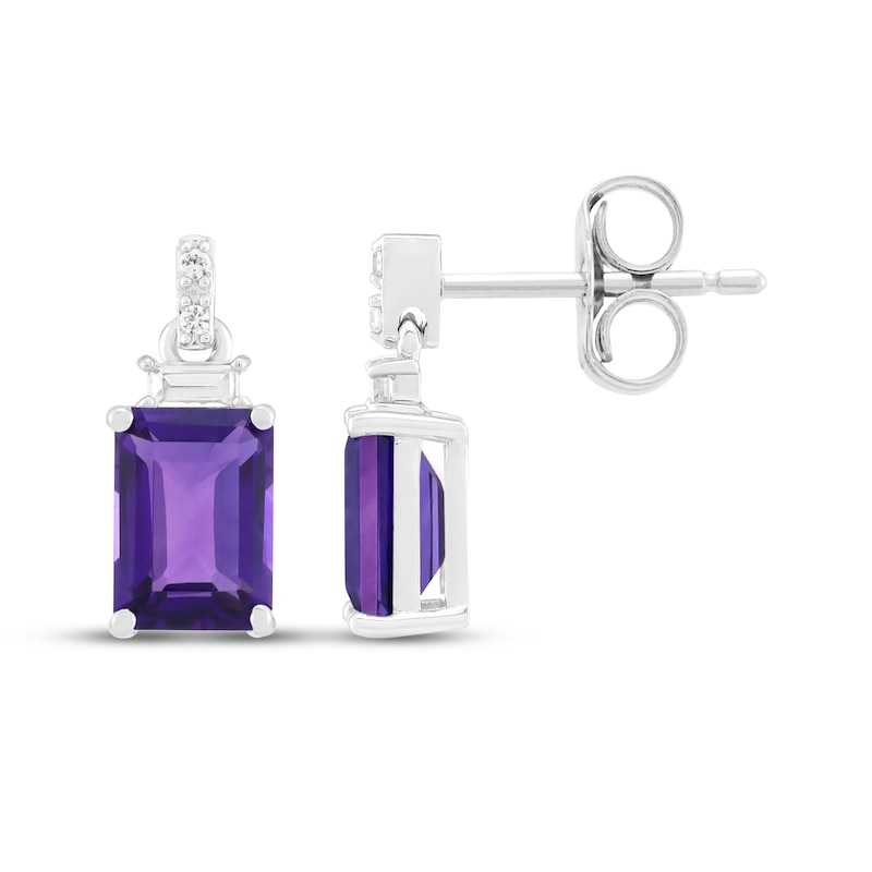 Main Image 3 of Emerald-Cut Amethyst & White Lab-Created Sapphire Dangle Earrings Sterling Silver