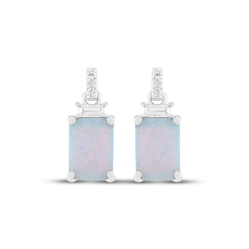 Main Image 2 of Emerald-Cut Lab-Created Opal & White Lab-Created Sapphire Dangle Earrings Sterling Silver