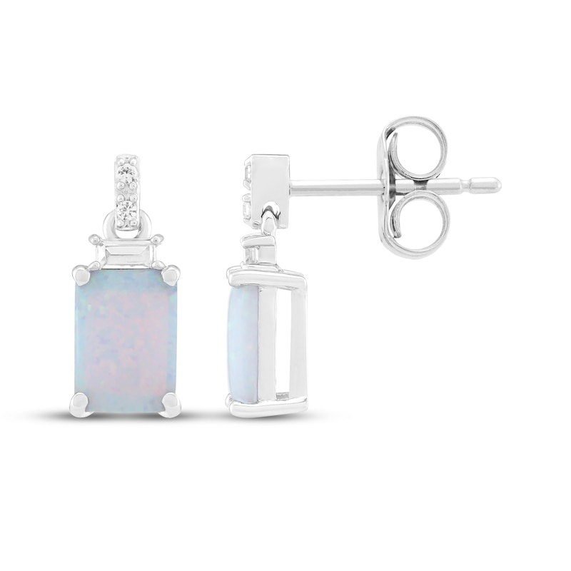Main Image 3 of Emerald-Cut Lab-Created Opal & White Lab-Created Sapphire Dangle Earrings Sterling Silver