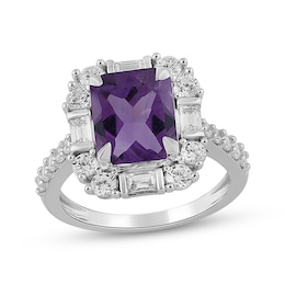 Octagon-Cut Amethyst & White Lab-Created Sapphire Ring Sterling Silver