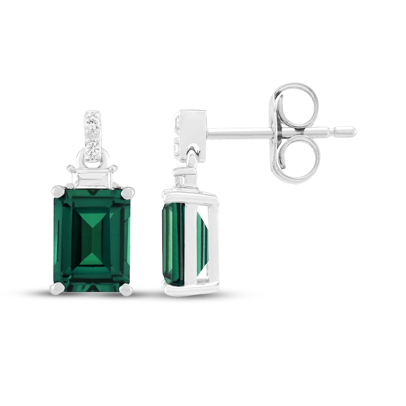 Main Image 3 of Emerald-Cut Lab-Created Emerald & White Lab-Created Sapphire Dangle Earrings Sterling Silver