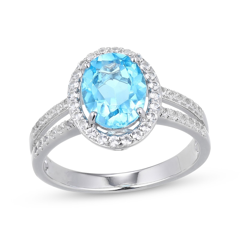 Main Image 1 of Oval-Cut Swiss Blue Topaz & White Lab-Created Sapphire Halo Ring Sterling Silver