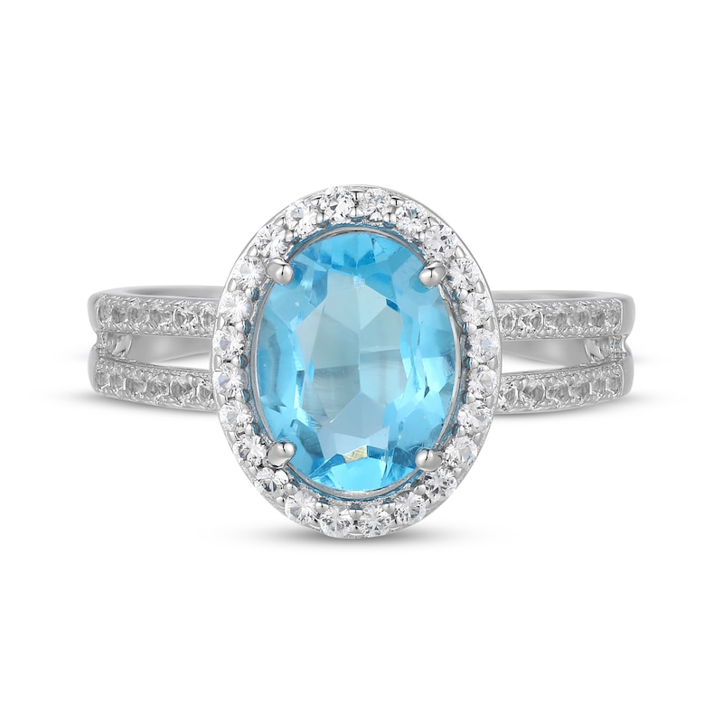 Main Image 3 of Oval-Cut Swiss Blue Topaz & White Lab-Created Sapphire Halo Ring Sterling Silver