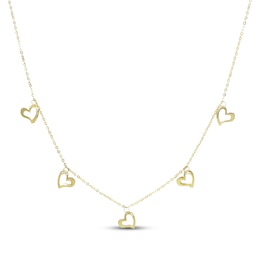 Open Heart Dangle Station Necklace 10K Yellow Gold 18"