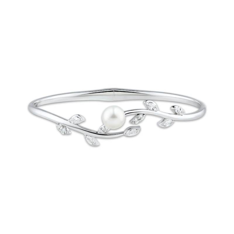 Main Image 1 of Cultured Pearl & White Lab-Created Sapphire Leaf Bangle Sterling Silver 7"
