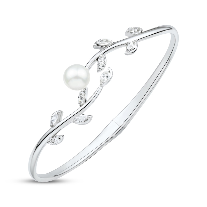 Main Image 2 of Cultured Pearl & White Lab-Created Sapphire Leaf Bangle Sterling Silver 7"