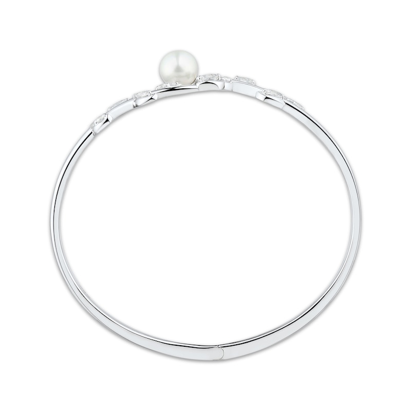 Main Image 3 of Cultured Pearl & White Lab-Created Sapphire Leaf Bangle Sterling Silver 7"