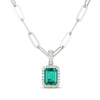 Thumbnail Image 1 of Emerald-Cut Lab-Created Emerald & White Lab-Created Sapphire Halo Necklace Sterling Silver 20"