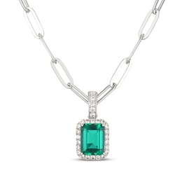 Emerald-Cut Lab-Created Emerald & White Lab-Created Sapphire Halo Necklace Sterling Silver 20"