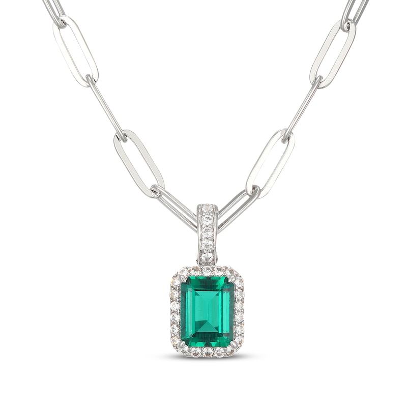 Main Image 1 of Emerald-Cut Lab-Created Emerald & White Lab-Created Sapphire Halo Necklace Sterling Silver 20"