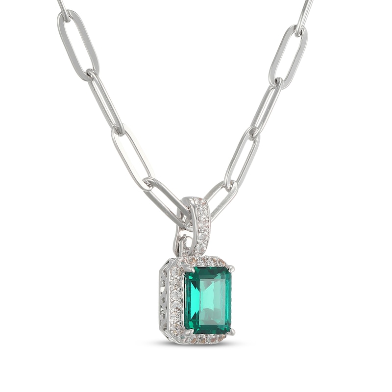 Main Image 2 of Emerald-Cut Lab-Created Emerald & White Lab-Created Sapphire Halo Necklace Sterling Silver 20"