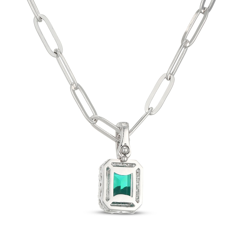 Main Image 3 of Emerald-Cut Lab-Created Emerald & White Lab-Created Sapphire Halo Necklace Sterling Silver 20"