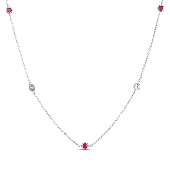 Lab-Created Ruby & White Lab-Created Sapphire Bezel-Set Station Necklace Sterling Silver 18"