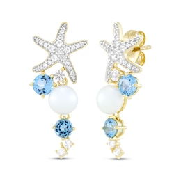 Cultured Pearl, Swiss Blue Topaz & White Lab-Created Sapphire Starfish Drop Earrings 10K Yellow Gold