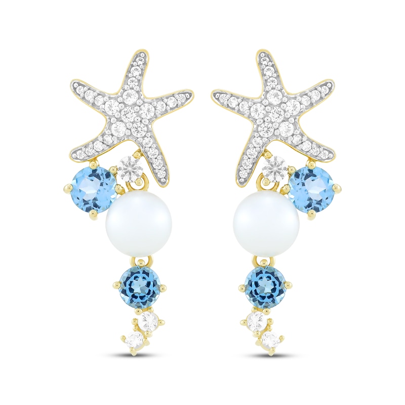 Main Image 2 of Cultured Pearl, Swiss Blue Topaz & White Lab-Created Sapphire Starfish Drop Earrings 10K Yellow Gold