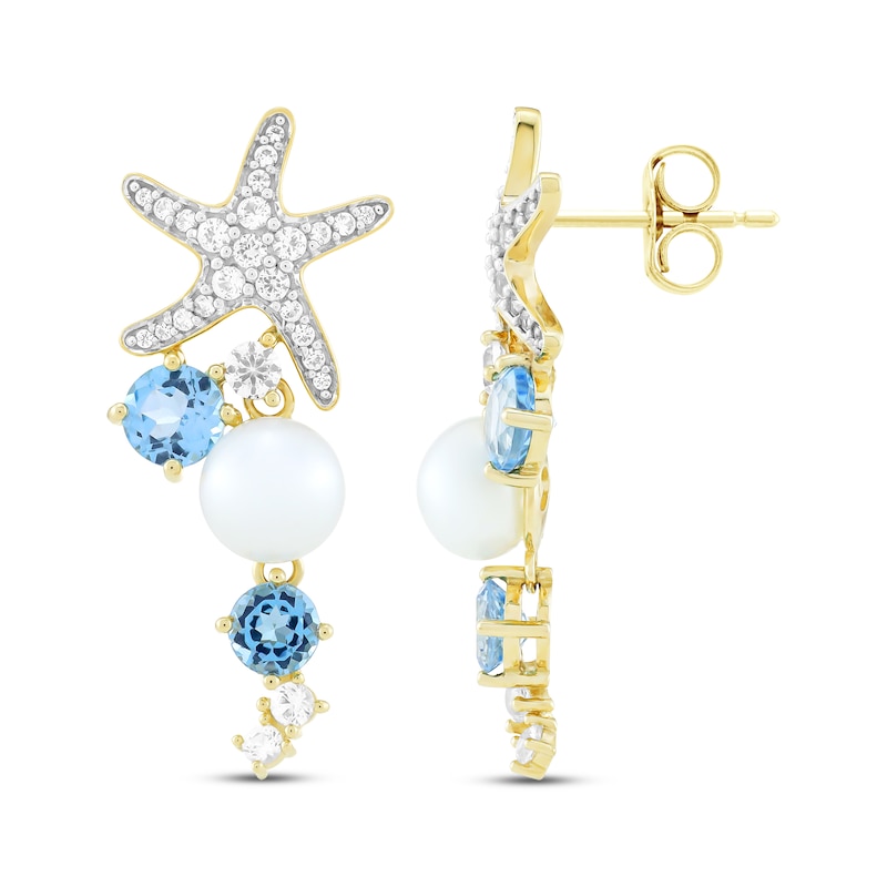 Main Image 3 of Cultured Pearl, Swiss Blue Topaz & White Lab-Created Sapphire Starfish Drop Earrings 10K Yellow Gold