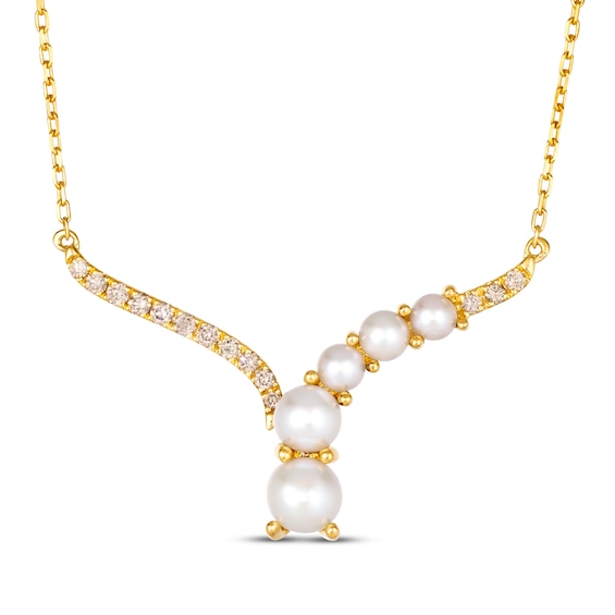 Le Vian Cultured Pearl Chevron Necklace 1/6 ct tw Diamonds 14K Honey Gold 19"