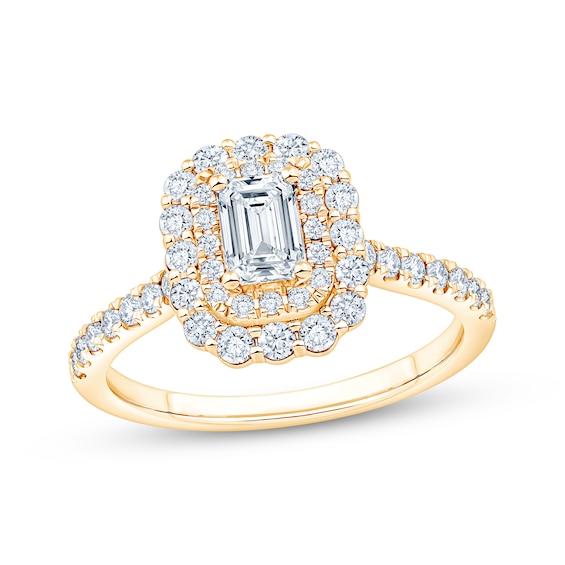 Now + Forever Lab-Grown Diamonds Certified Emerald-Cut Double Halo Engagement Ring 1 ct tw 14K Yellow Gold