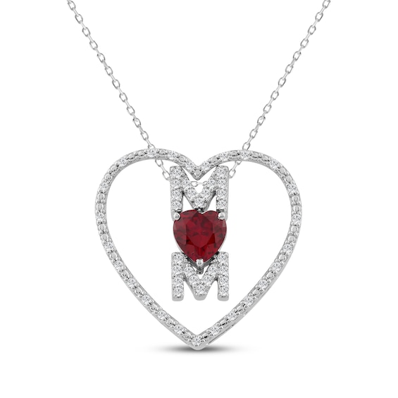 Heart-Shaped Lab-Created Ruby & White Lab-Created Sapphire "Mom" Heart Necklace Sterling Silver