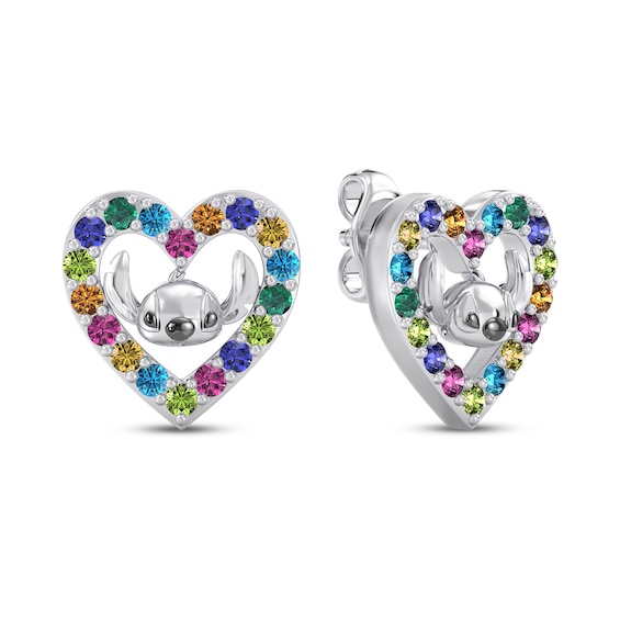Disney Treasures Lilo & Stitch Multi-Stone Heart Stud Earrings Sterling Silver