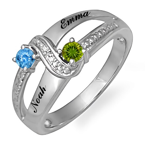 Round Birthstone Couple's Split Shank Ring (2 Stones and Lines)