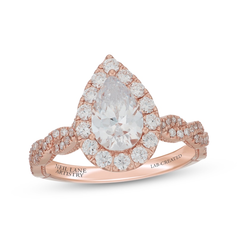 Main Image 4 of Neil Lane Artistry Pear-Shaped Lab-Grown Diamond Halo Engagement Ring 1-3/4 ct tw 14K Rose Gold