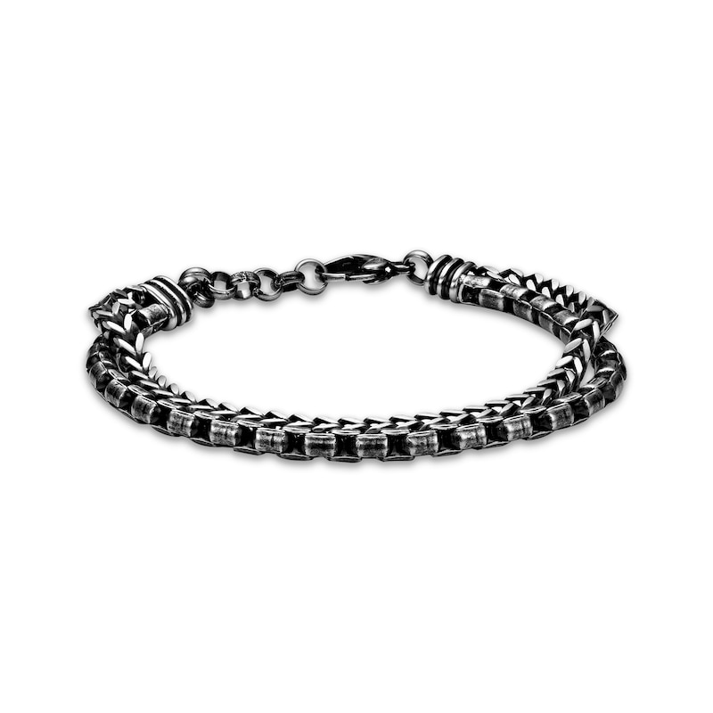 Solid Foxtail & Box Chain Layered Bracelet Oxidized Stainless Steel 9.2"